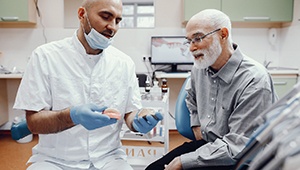 Dentist in Phoenix discussing dentures with older male patient