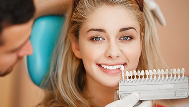 Woman's smile compared with tooth color chart